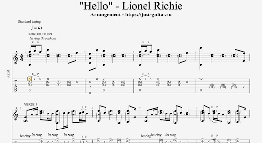 Lionel Richie - "Hello" (tabs / sheet music for guitar)