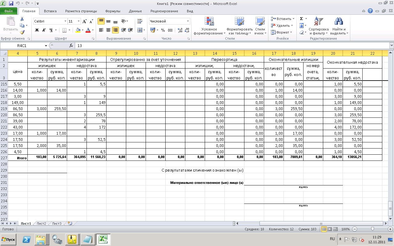 Инвентарная ведомость образец excel
