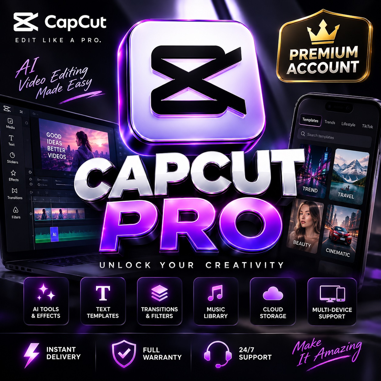 Instant Delivery ⚡ CAPCUT PRO PRIVATE ACCOUNT |ALL DEVICE-30Days photo 4