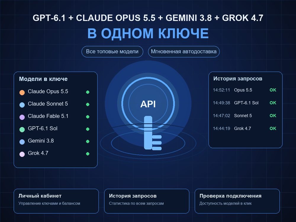 🔑 Claude 5.5 + GPT 6.1 + Grok 4.6 — 500K токенов ×1 | Кеш ×0.1 | 24/7 photo 4