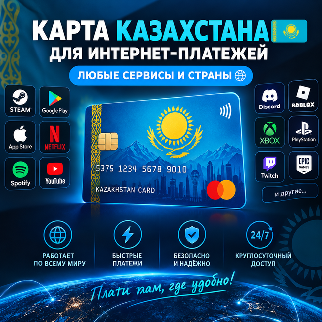 КАРТА КАЗАХСТАНА ДЛЯ ИНТЕРНЕТ-ПЛАТЕЖЕЙ ЛЮБЫЕ СЕРВИСЫ И СТРАНЫ фото 1