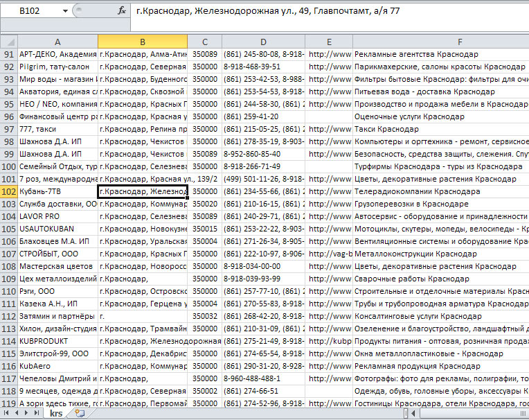 База предприятий Краснодара (апрель 2013) Excel