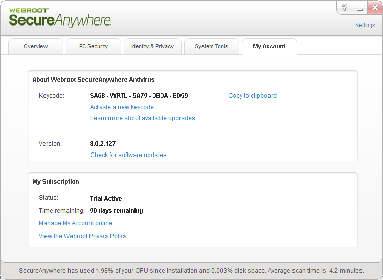 WebRoot SecureAnywhere ™ AntiVirus 2013: a key for 90 days