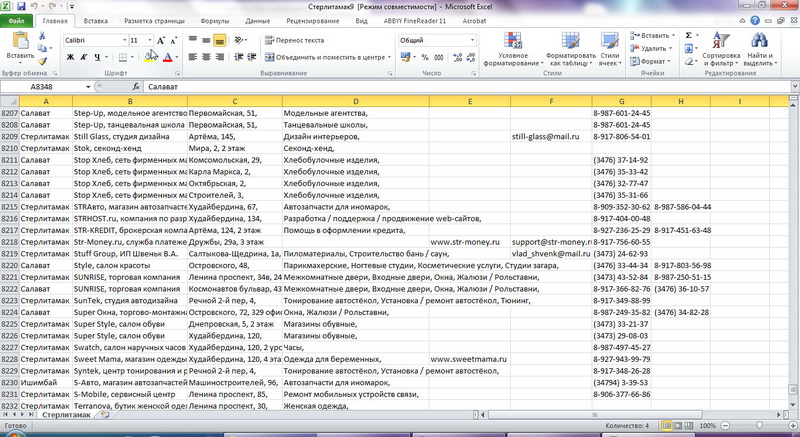 База предприятий и ИП г. Стерлитамак (АПР. 2012)Excel