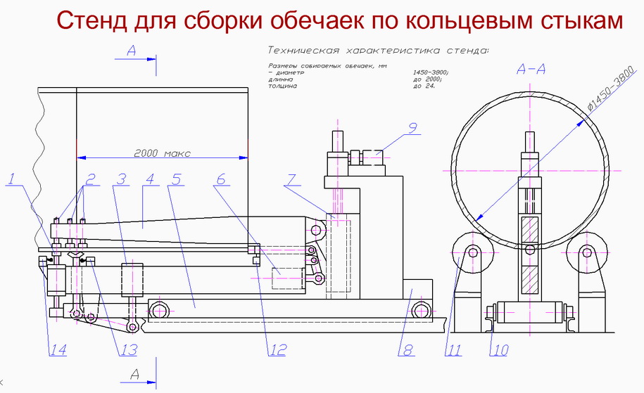Чертеж. Стенд для сборки и сварки обечаек встык