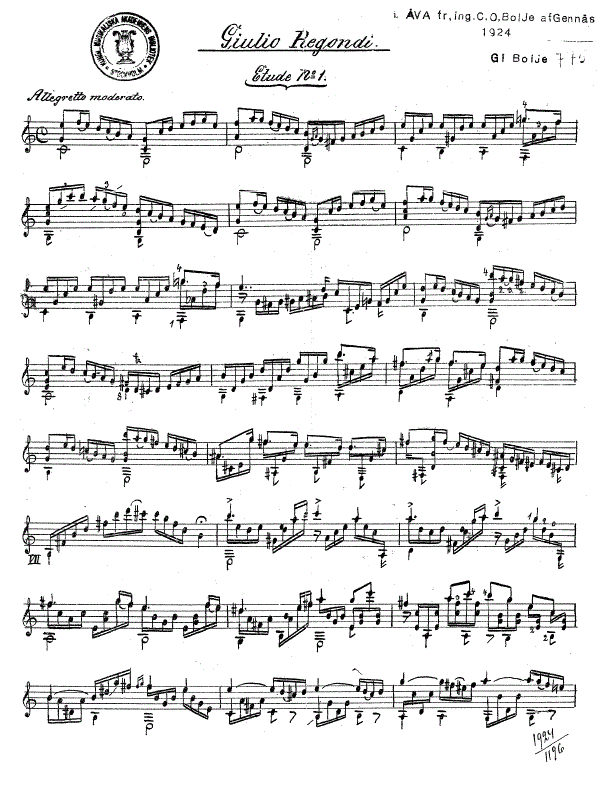 Ноты для гитары Regondi ETUDE №1 для 6-ой
