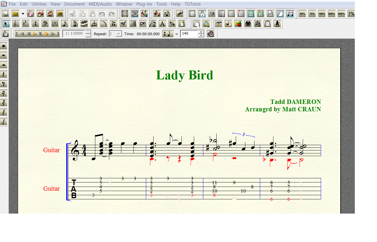 Ноты для гитары Dameron LADY BIRD для 6-ой С ТАБОЙ
