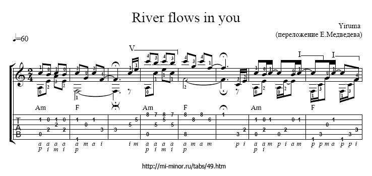 Табулатура и ноты River Flows In You - Yiruma