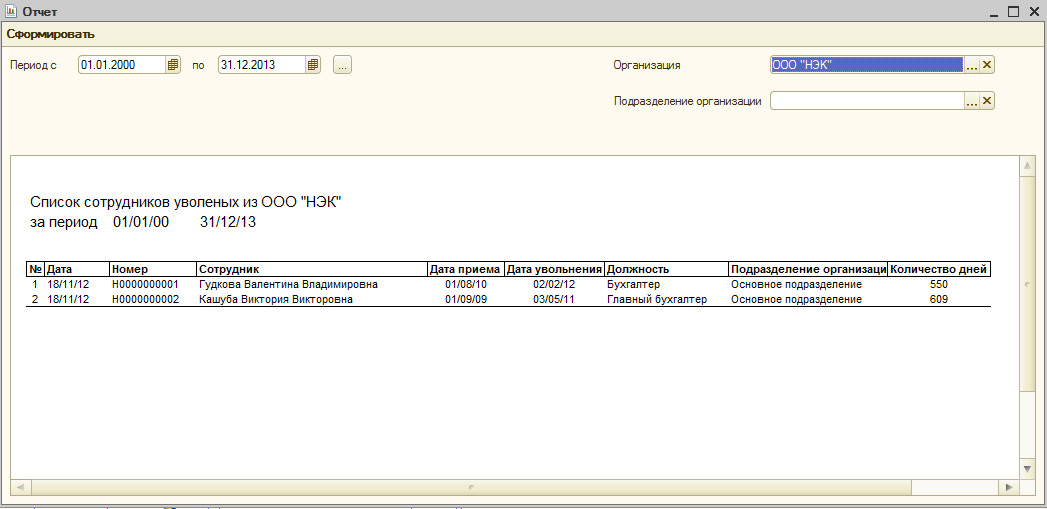 Отчет 1С Предприятие 8.2(УволеныеСотрудники)