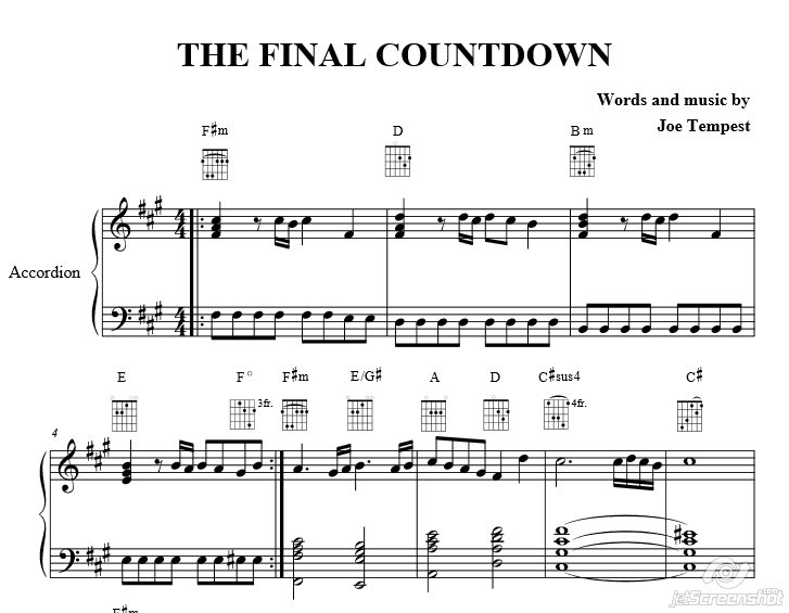 The Final Countdown. Europa. Ноты аккордеон фортепиано