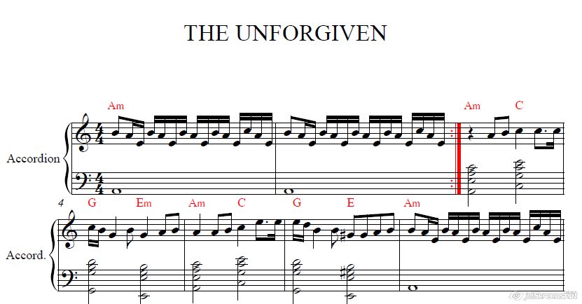 UNFORGIVEN (METALIKA) НОТЫ для аккордеона/фортепиано