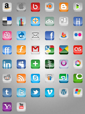 Иконки-кнопки социальных сетей 3D в PSD формате