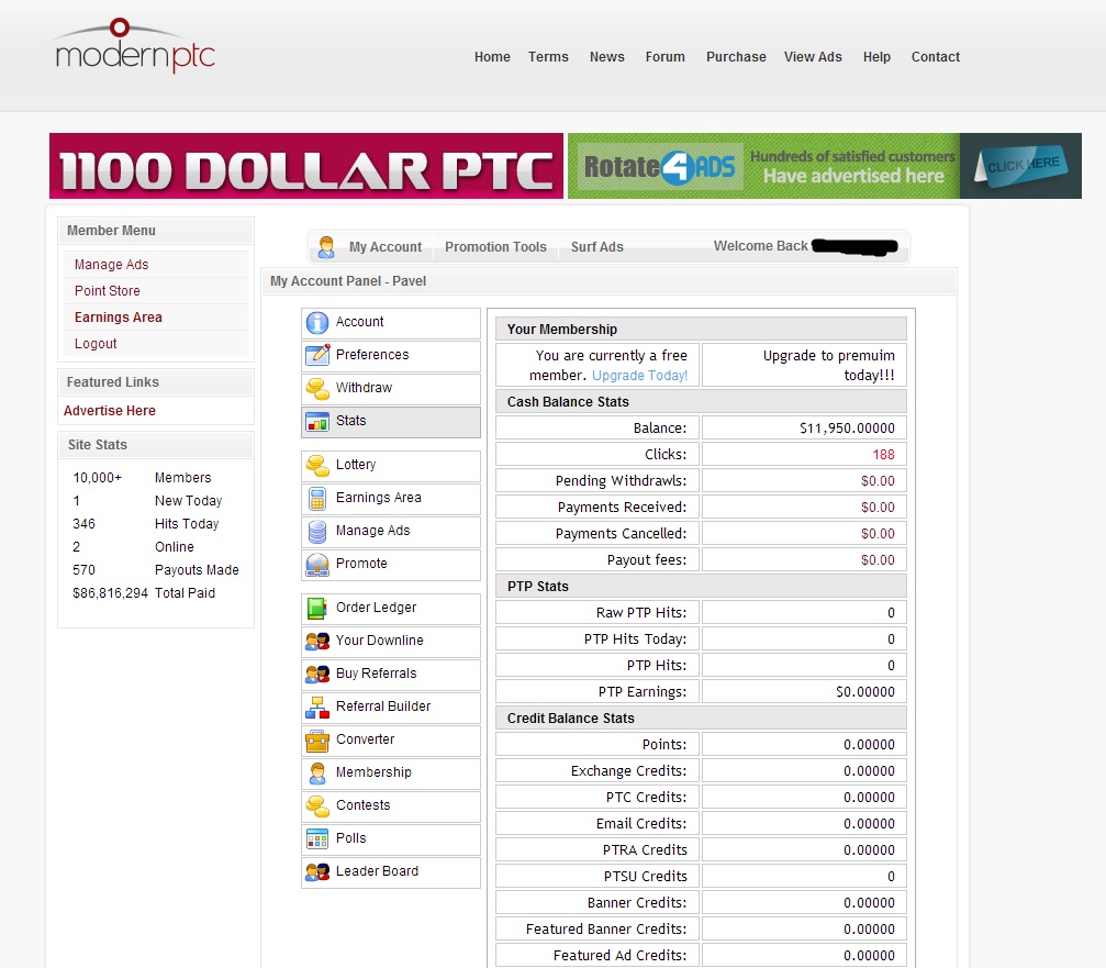 Аккаунт modernptc.com с балансом 11950$(Оплата за клик)