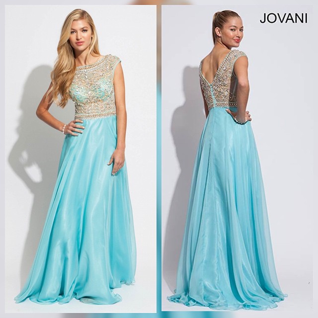 Аква M Jovani голубое небесное блестки длинное 5000