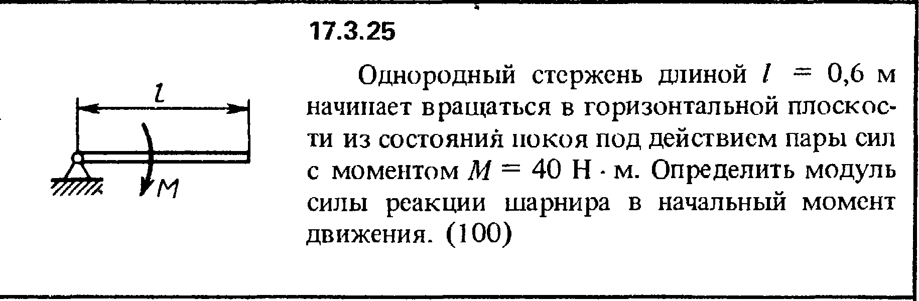 Тонкий однородный стержень длиной 1 м. Однородный стержень. Сила реакции стержня. Гомогенный стержень. Задача 17.3.3 из сборника (решебника) Кепе о.е. 1989.