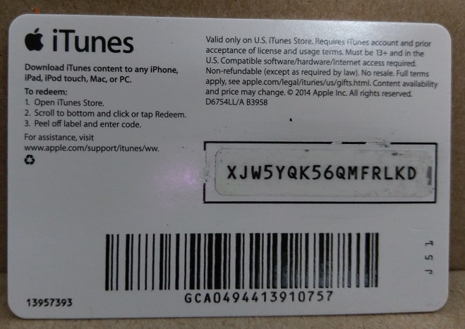 Itunes Gift Card 10 Usa Photo Of The Back Side