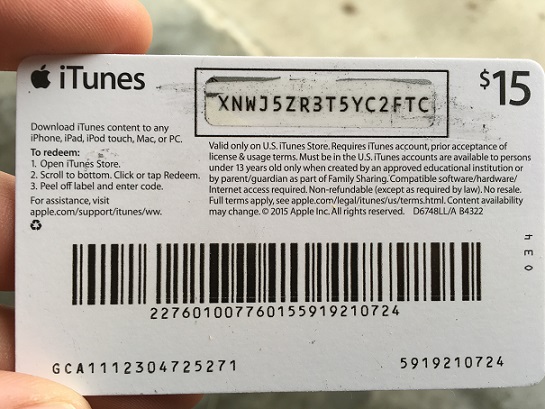 Buy iTunes Gift Card 15 USA = Photo of the back side!SALE