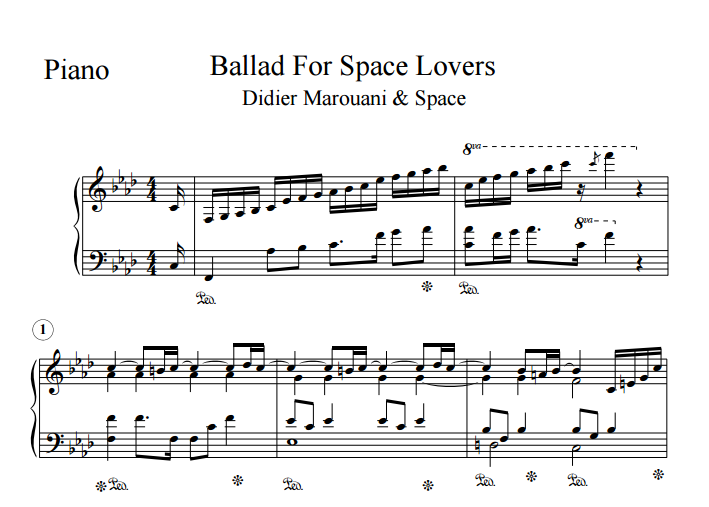 Песни про космос ноты. Ballad for Space lovers Ноты для фортепиано. Ноты группы Спейс для фортепиано. Дидье Маруани Ноты для синтезатора. Space Ballad for Space lovers Ноты для фортепиано.