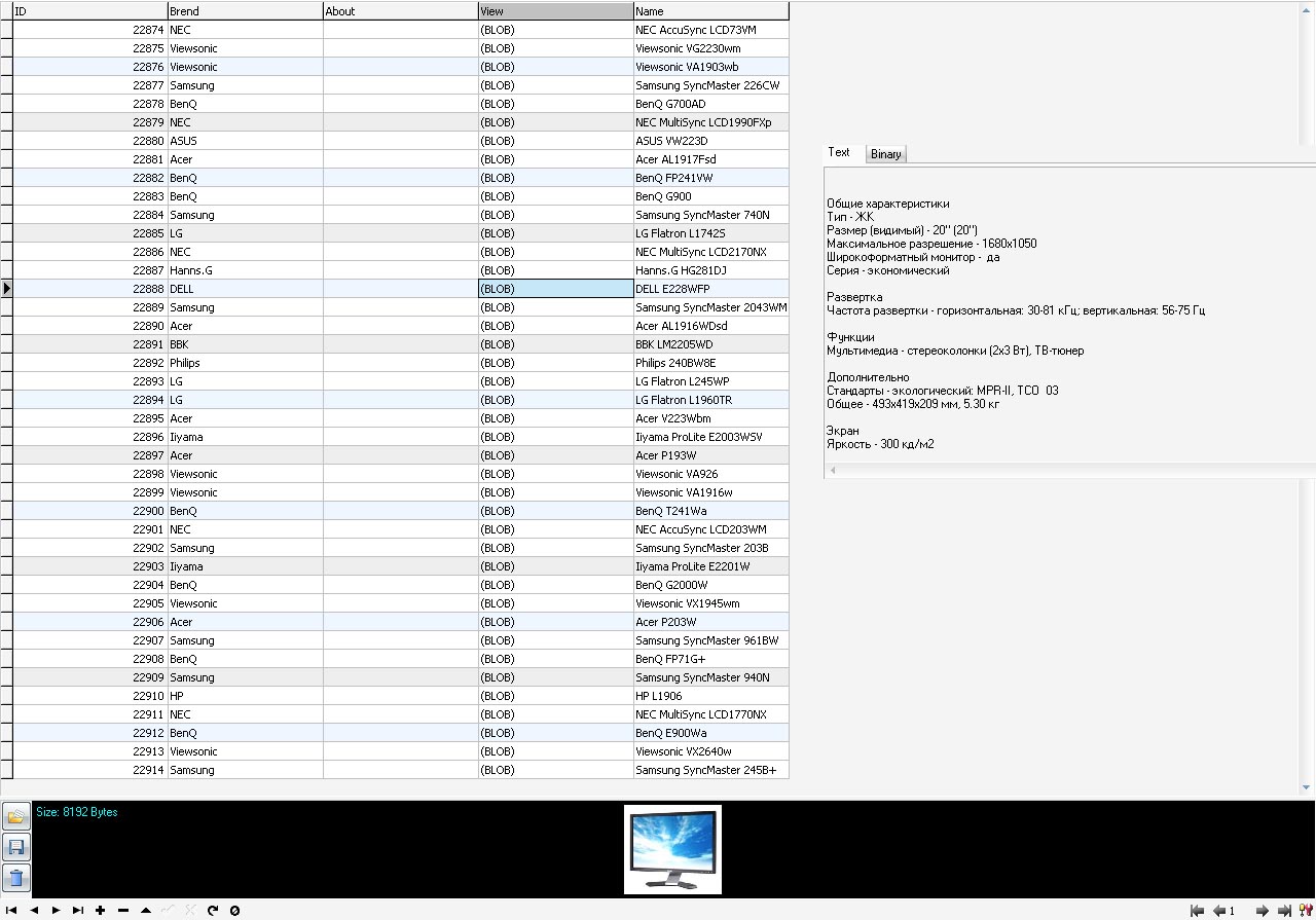 MySql база данных характеристик LCD мониторов (1056 шт)