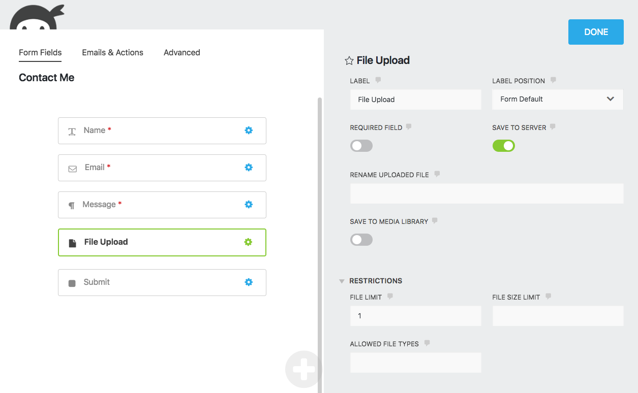 Upload form. Ninja forms. Ninja forms WORDPRESS вид. File upload form