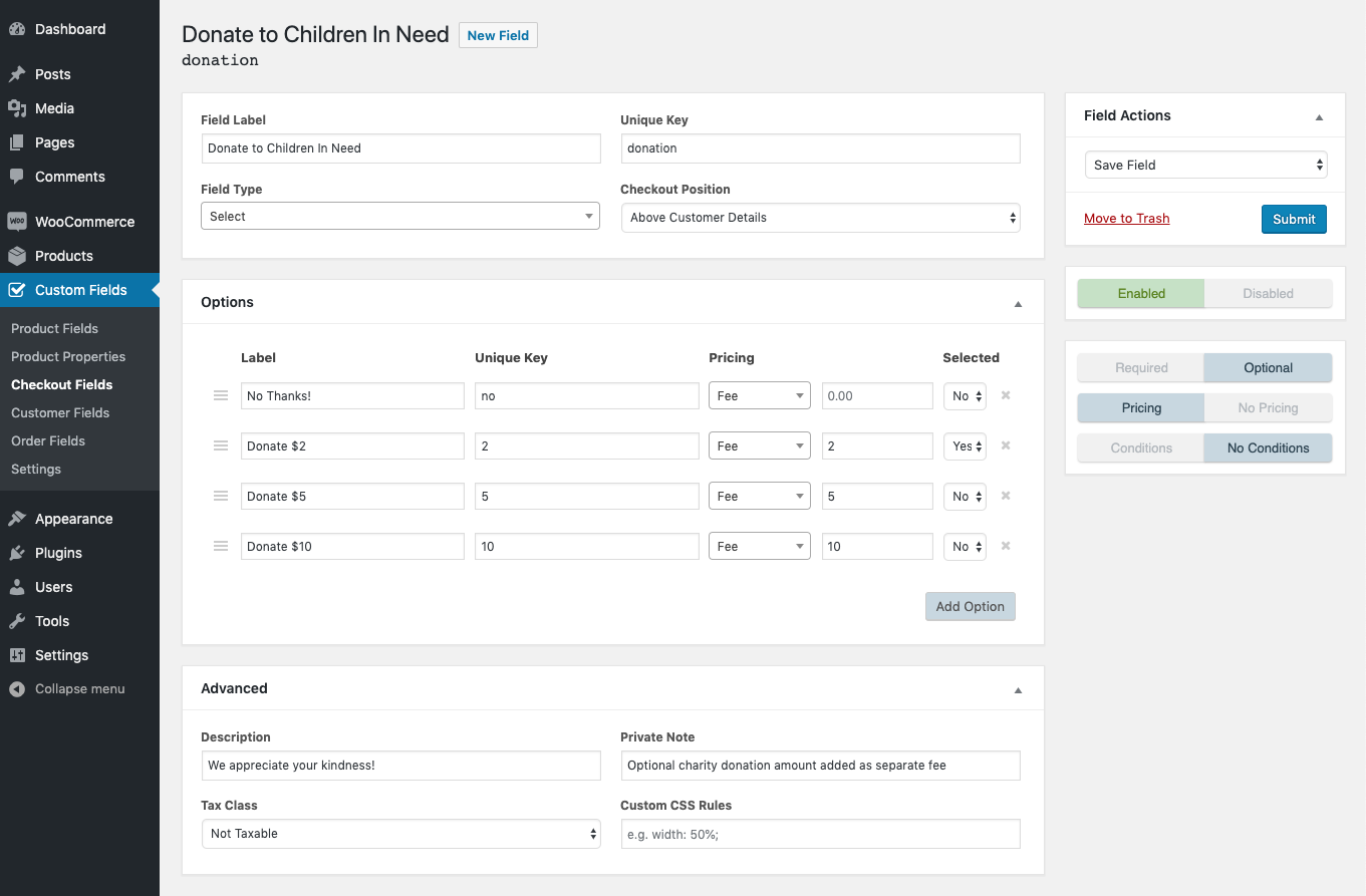 Product field. WOOCOMMERCE Custom product Designer примеры использования. Add Custom Rule.