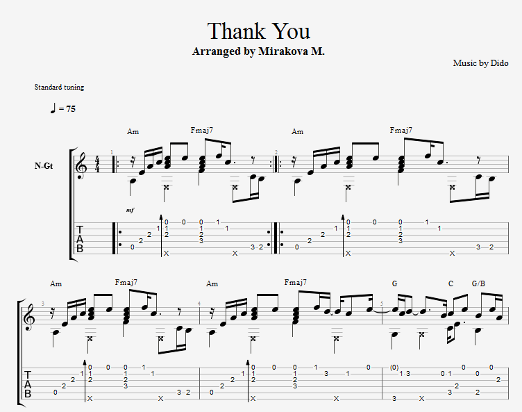 Спасибо родная на гитаре. Авторская аранжировка для шестиструнной гитары от Марины Мираковой. Аранжировка для шестиструнной гитары от Марины Мираковой. Аранжировки Марины Мираковой гитара. Dido thank you Ноты.