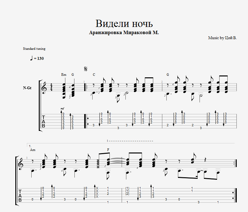 Песни цоя видели ночь. Аранжировка для шестиструнной гитары от Марины Мираковой. Цой видели ночь табы. Видели ночь Ноты. Видели ночь Цой Ноты.