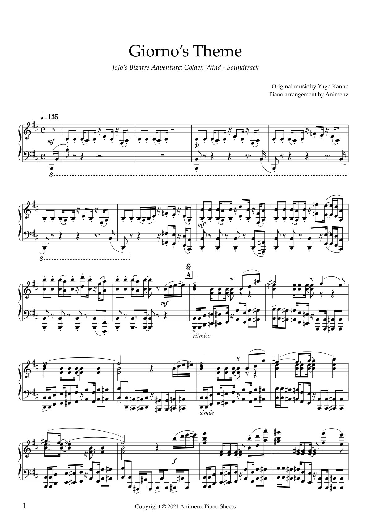 Sheet Animenz - Giorno´s Theme (il vento d´oro) photo 1