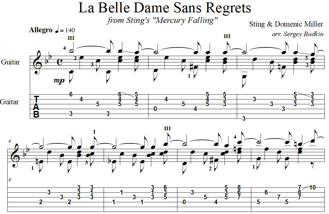 La dame sans regret. La Belle Dame Sans regrets Sting для гитары. Ноты гитара Бель. La Belle Dame Sans regrets стинг. Белль табы для гитары.