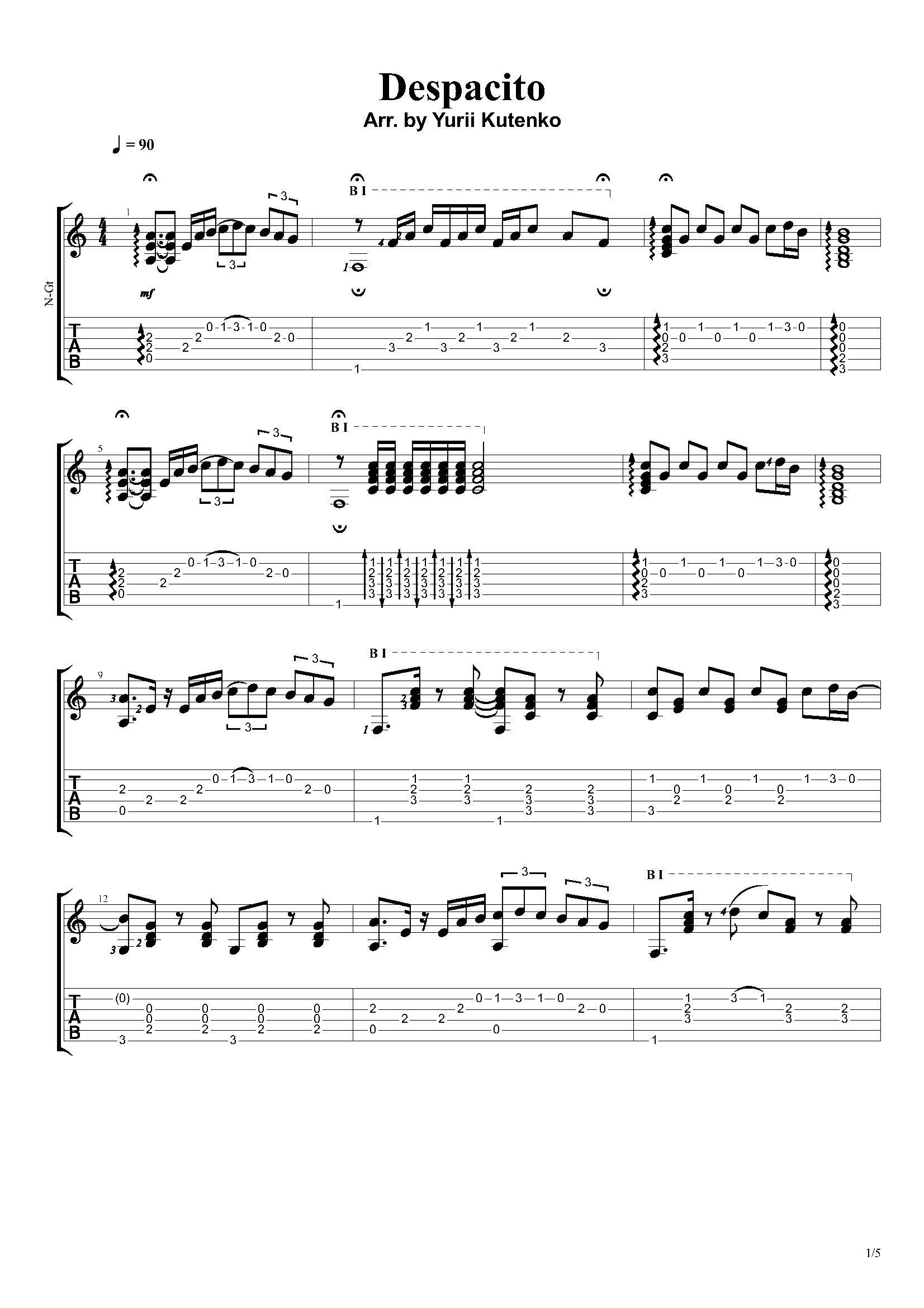 Despacito - Note and tab for guitar